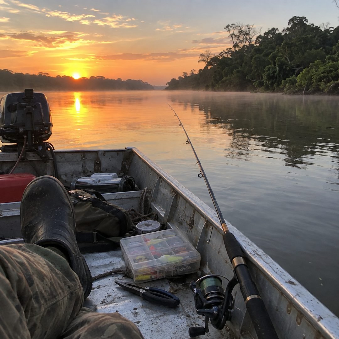 Pescador em barco ao entardecer em um rio brasileiro