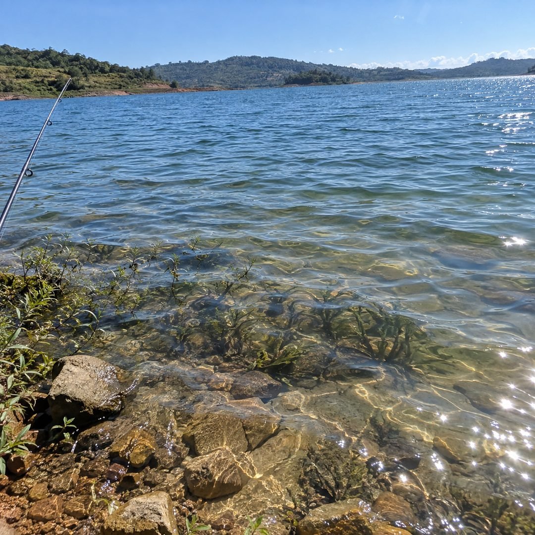 Água clara e ensolarada em local de pesca