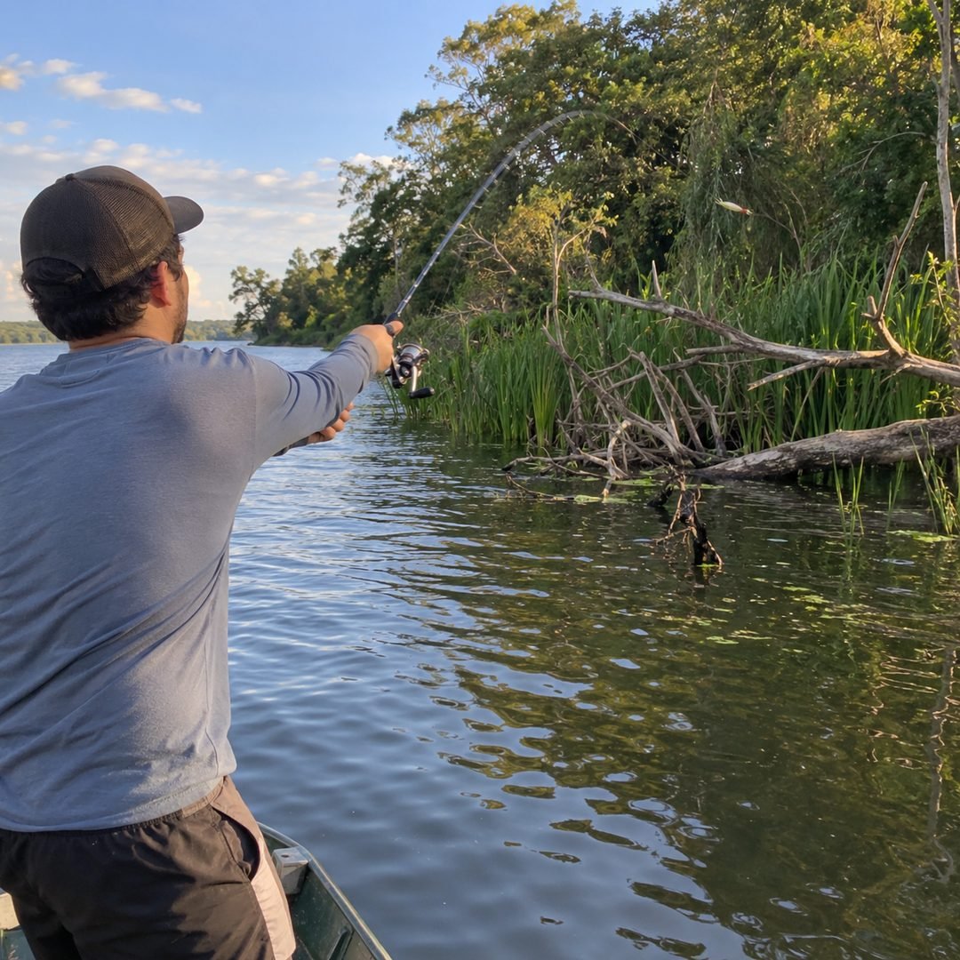 Pescador arremessando junto a galhadas e estruturas na margem