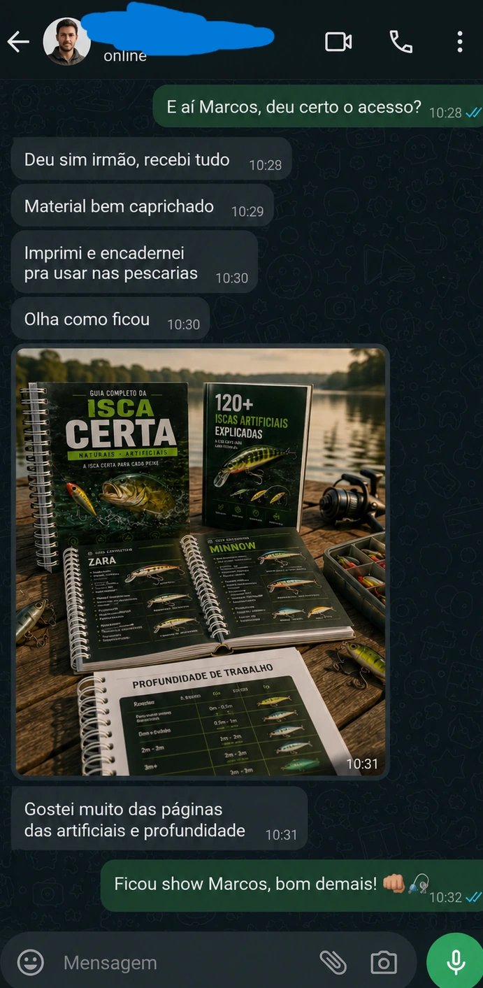 Conversa de cliente mostrando o material impresso do Guia da Pesca Certa