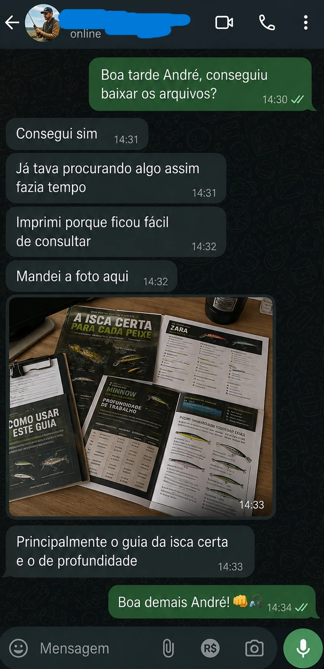 Conversa de cliente mostrando páginas impressas do guia