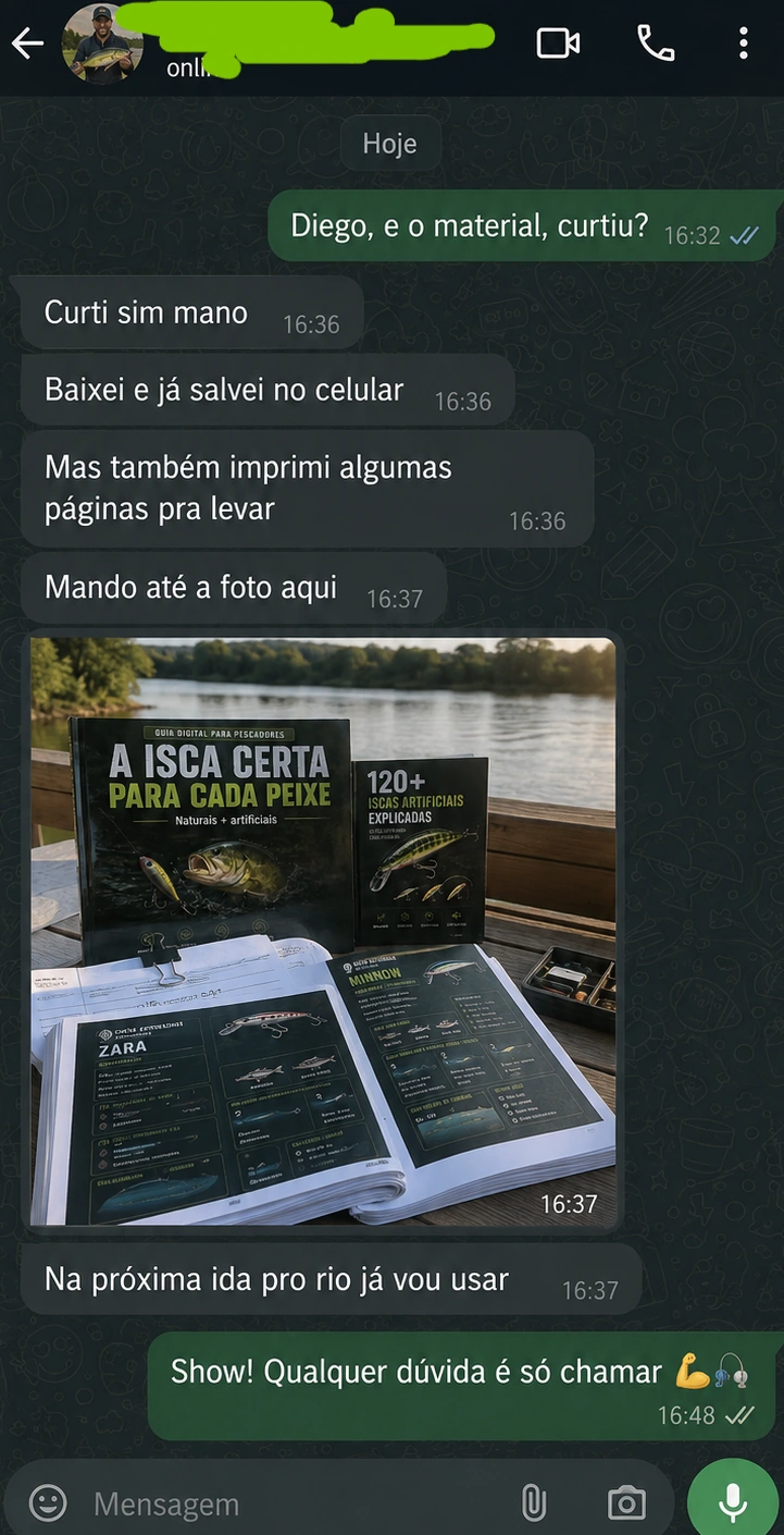 Conversa de cliente mostrando o Guia da Pesca Certa impresso